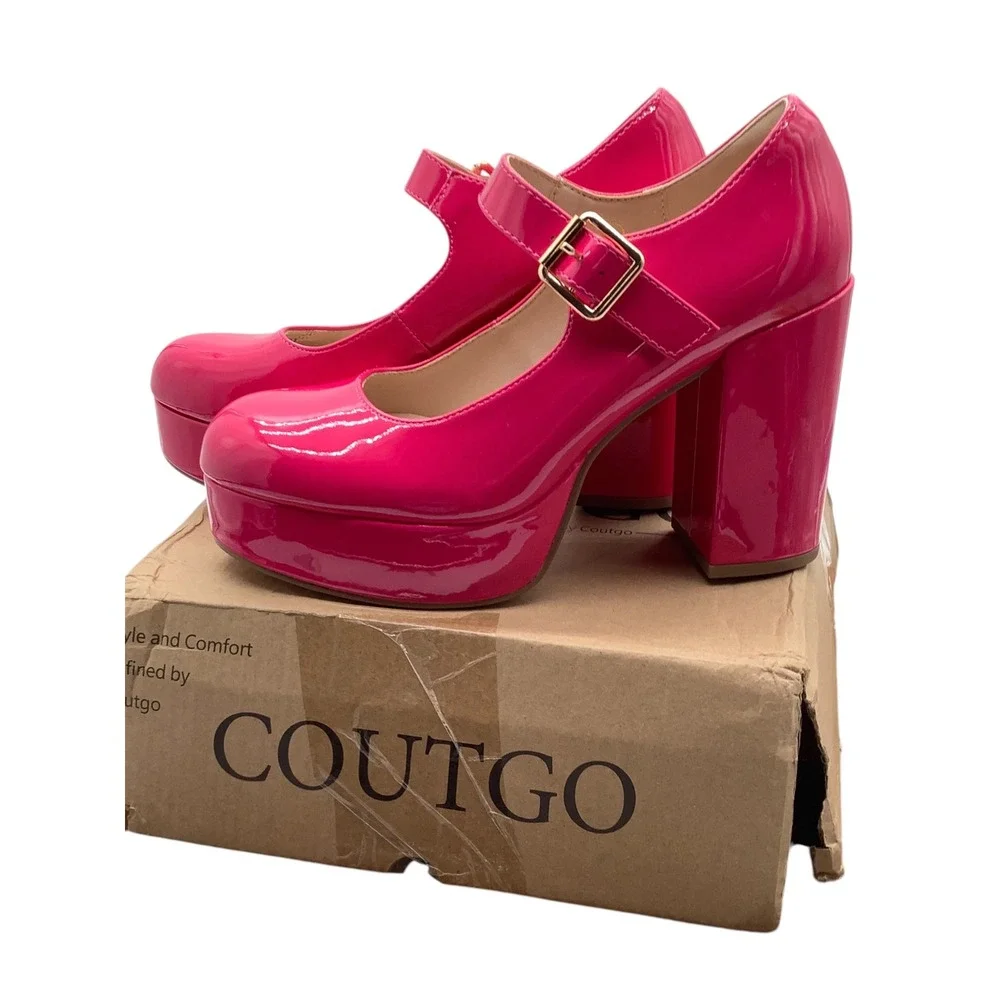Coutgo Womens Hot Pink Patent Mary Jane Platform Chunky Block Heel Pumps 7.5